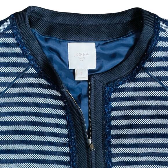 J. Crew Women’s Sz 8 Blue Stripe Blazer Jacket Tweed Zip Front Cropped - Picture 7 of 13